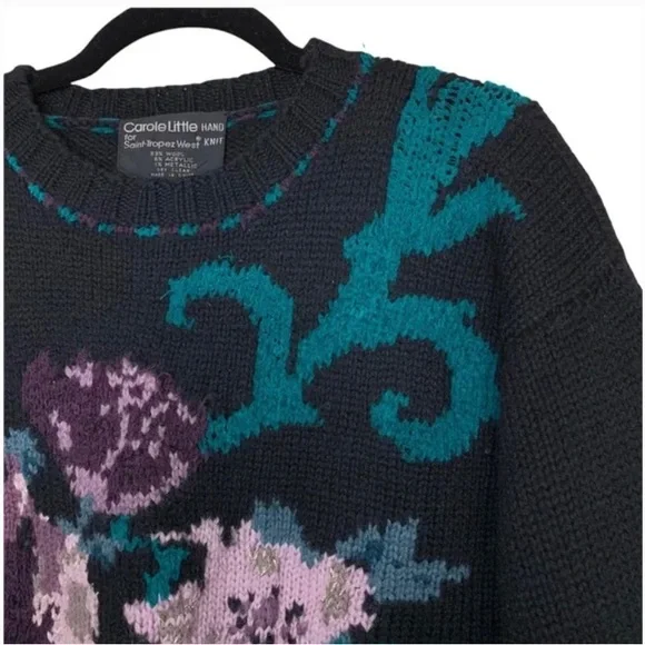 Vintage 80s Carole Little For St. Tropez West Black Hand Knit Floral Sweater S - Picture 3 of 7